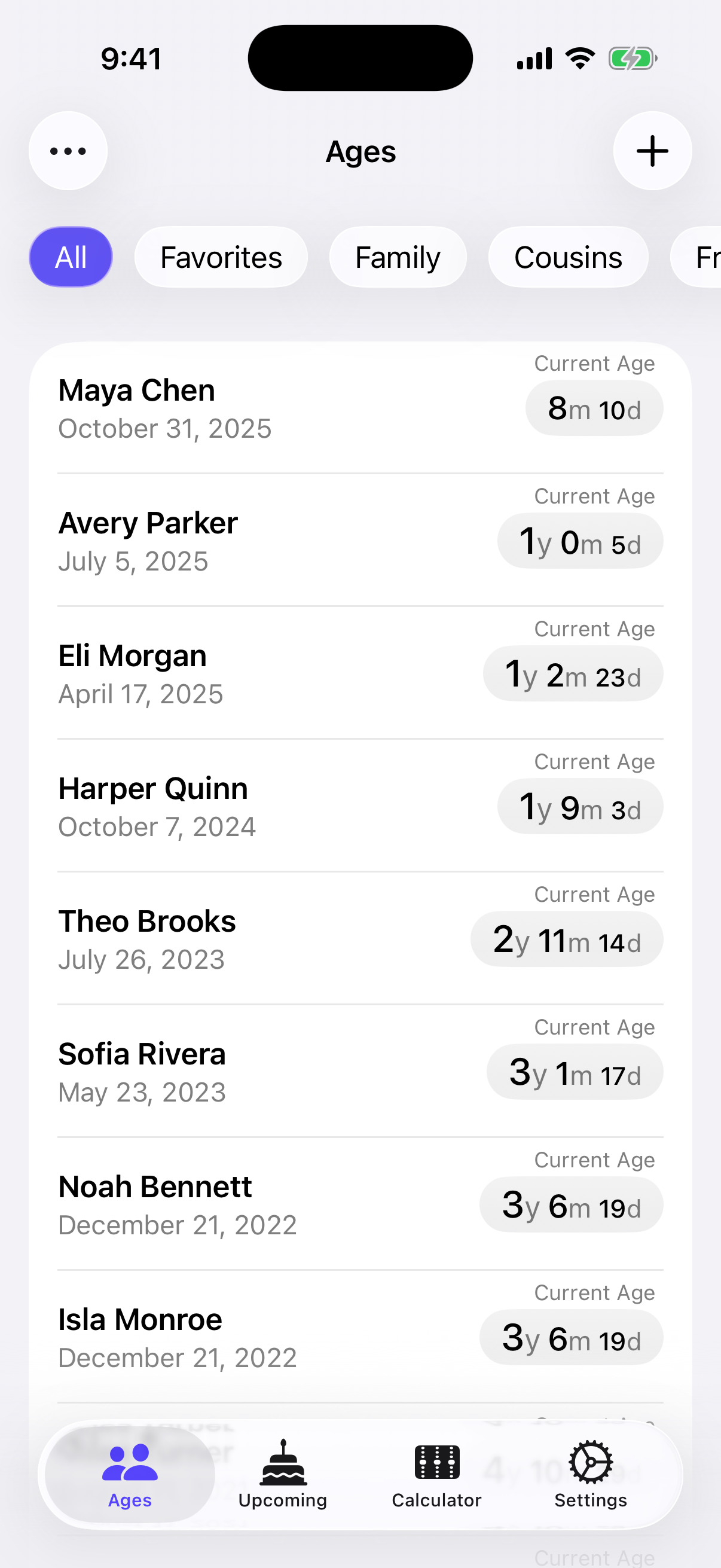 Agely Ages tab listing people with their current ages on iPhone.