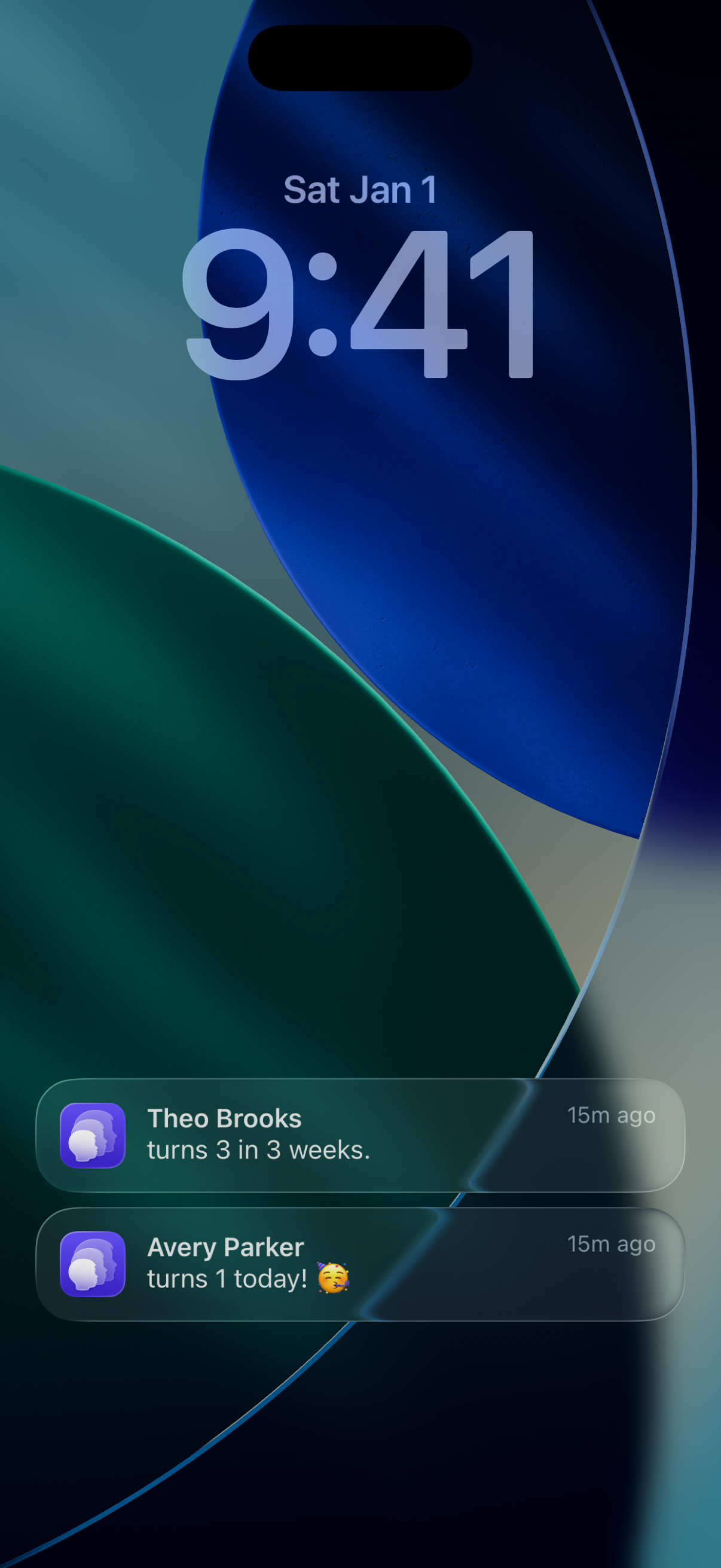 iPhone Lock Screen showing Agely reminders for Avery Parker’s birthday today and Theo Brooks’s birthday in three weeks.